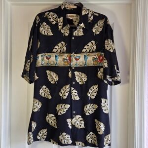 Campia Moda Vintage Hawaiian Shirt Cocktail Print Men's Size Medium‎ Black